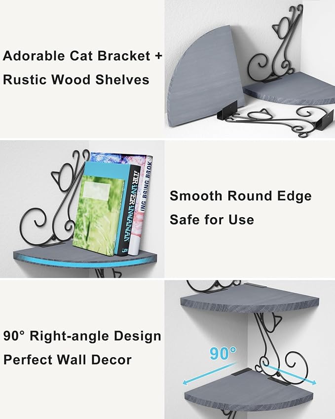 Alsonerbay 4-Tier Cat Shaped Corner Floating Shelf Wall Mount, Grey | Curved solid wood, 35.2 lbs total capacity, reinforced metal bracket, rustic decor, for bedroom, living room & kitchen