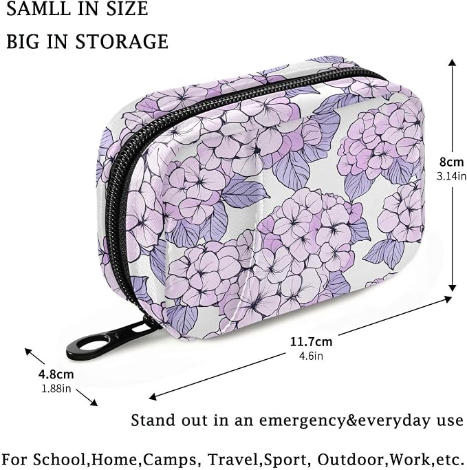 Fustylead Beautiful Light Purple Hydrangea Flower Pill Organizer Travel Bag, Small Portable Pill Case Cute for Vitamin Fish Oil Supplements Medicine Organizer with Zipper
