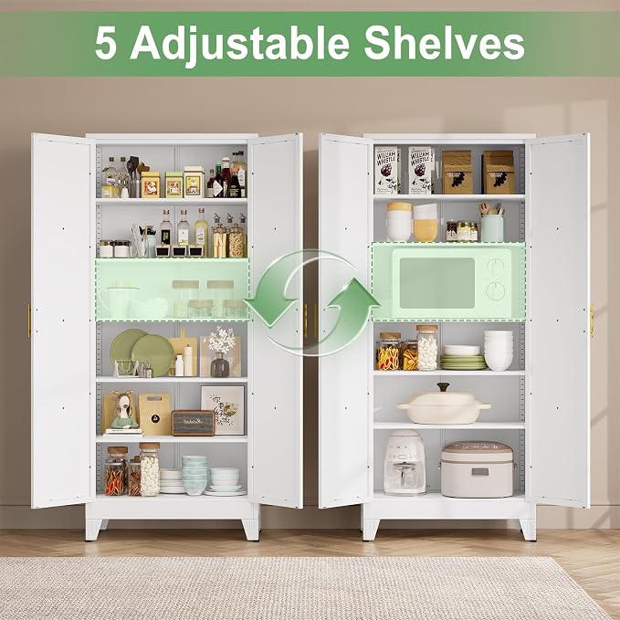 Ckzbx 75" H Metal Kitchen Pantry Storage Cabinet with Doors and Adjustable Shelves for Kitchen, Living Room, Dinning Room (White)