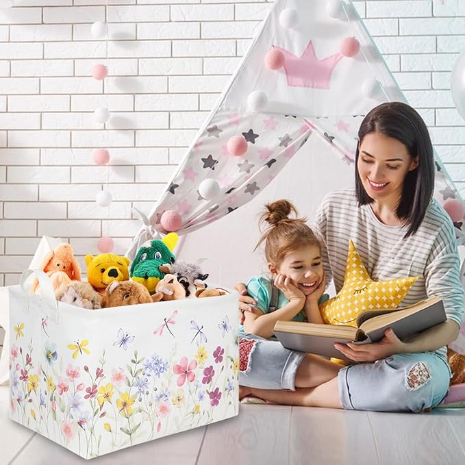 Boho Flower Nursery Basket,Waterproof collapsible storage box,Fall Wildflower Floral Dandelion Storage Bin,Plant Butterfly baby girl gift basket,Girls Bedroom Boho Flower Decor(Dandelion)