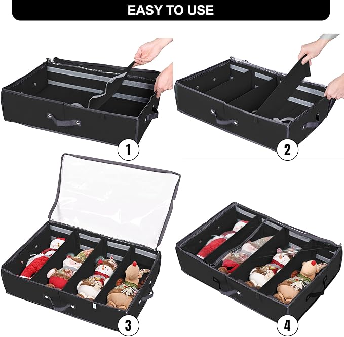 2 Pack Christmas Figures Storage Box | Each Holds 4 Holiday Figurines up to 16” | Adjustable Nutcracker Decor Ornament Storage Container | Xmas Decorations Accessories Boxes (Black)