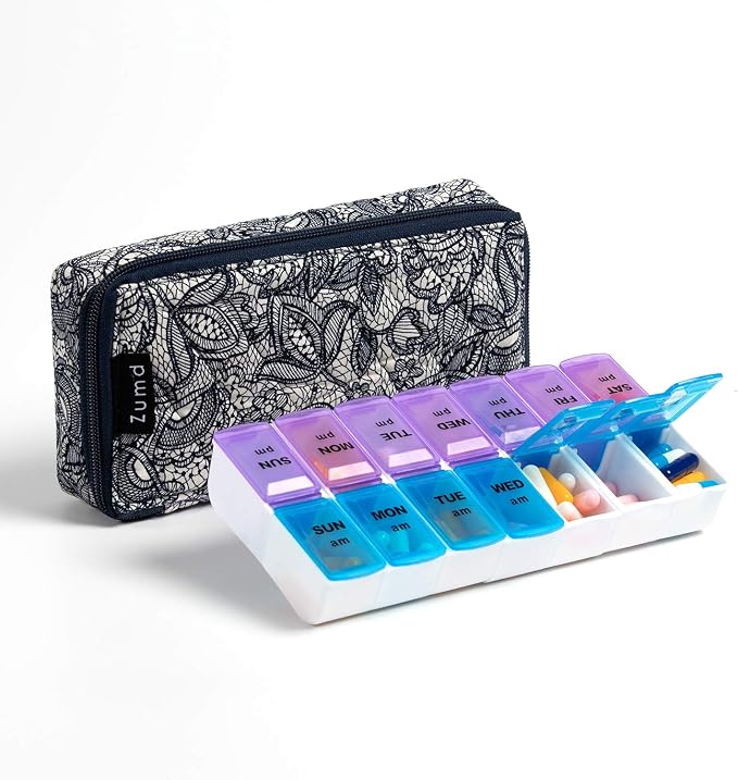 Weekly Pill Organizer 2 Times a Day, Zumd Pill Box 7 Day with Cute Quilted Fabric Zipper Case, Travel Pill Case Am Pm for Vitamin Medicine Organizer