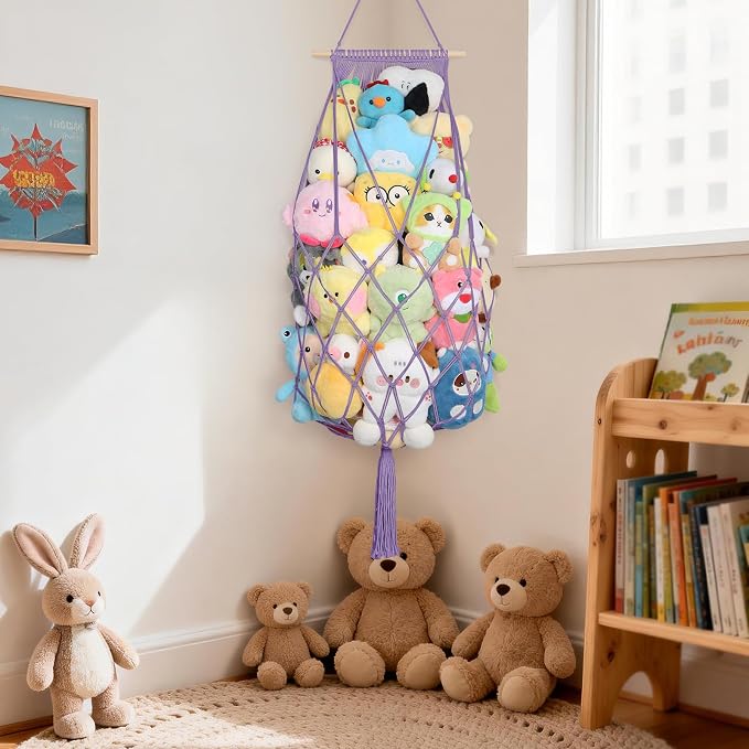 Stuffed Animal Storage Hammock Corner,70'' Macrame Toy Net,Purple | Wall Ceiling Over Door Hanging Stuffed Animals Hammock, Boho Macrame Stuffy Storage Holder, Nursery Playroom Kid Room Decor