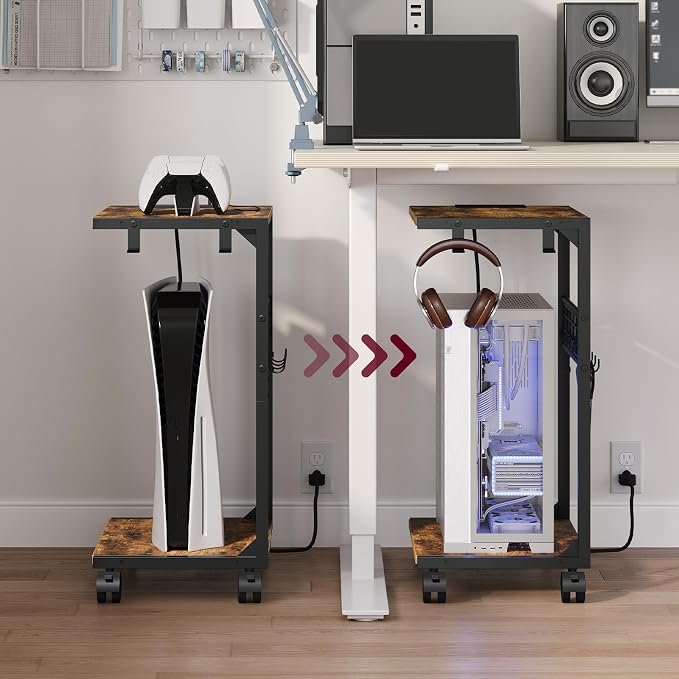 PC Stand, Computer Tower Stand with Charging Station, 16.9"W x 11.4"D x 27.6"H, Computer Cart with Wheels and Hooks, CPU Holder for Carpet, Floor and Under Desk, Easy Assembly, Rustic Brown