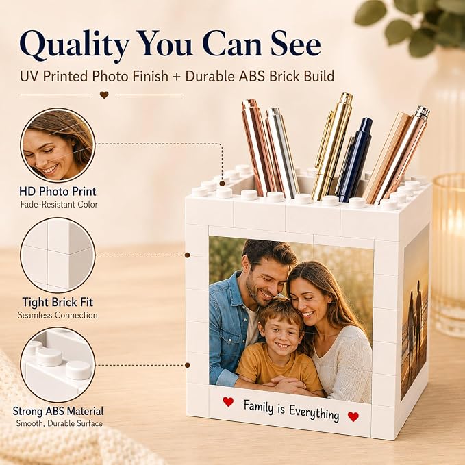 Custom Photo Building Blocks Pen Holder for Desk | 2-in-1 Personalized Photo Block Puzzle, Pencil Pot with 4-Side Image Text, Detachable Building Brick Picture Frame