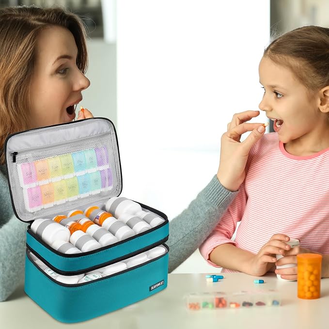 LEFOR·Z Medicine Storage Bag,Double Layers Pill Bottle Organizer Bag Empty | Medical Supplies Bag with Lockable Zipper & Adjustable Divider,Medication Travel Carrying Bag for Pills,Vitamins,Teal Color