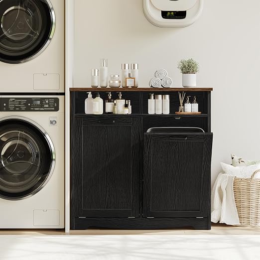 HOOBRO Double Tilt Out Trash Can Cabinet, 20 Gallon Kitchen Trash Bin Cabinet, Hidden Trash Storage with Open Compartments, Hidden Laundry Hamper, for Kitchen, Laundry, Black and Walnut BH04LJ01