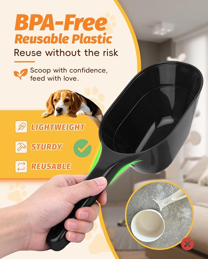 2 PACK Dog Food Scoop,1 Cup Capacity Pet Food Scoop For Dog and Cat (Black) | Clear Markings for Precise Measuring 1/2 and 1 Cup Line, Dishwasher Safe,Plastic,Portable and Sturdy
