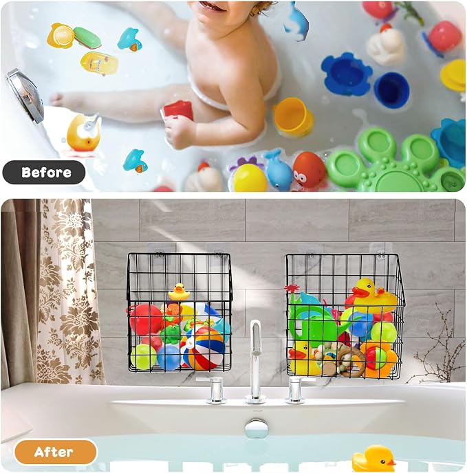 Greentainer 2 Pack Bath Toy Storage Organizer, Large Rustproof Metal Wire Basket, Wall Mounted Hanging Bathtub Holder, Bathroom Shower Caddy for Tub Toys & Toiletries