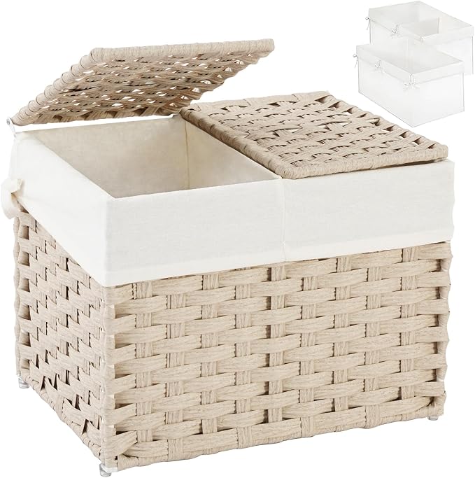 SETVSON Storage Basket with Lid, 2-Lid PE Rattan Storage Bin, Light Khaki | Dual Lid Small Items & Accessories Organizer, Divided Sock & Underwear Bin, 2 Washable Liner Bags, Small Collapsible Trunk