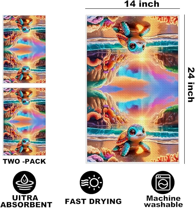 Hanamiya Na 2 Pcs Cute Cartoon Turtle Kitchen Towels 24x14 Inch, Watercolor Waffle Hand Towels for Kitchen Home Bathroom Farmhouse Decor, Turtle Gifts Microfiber Dish Cloth Tea Towel