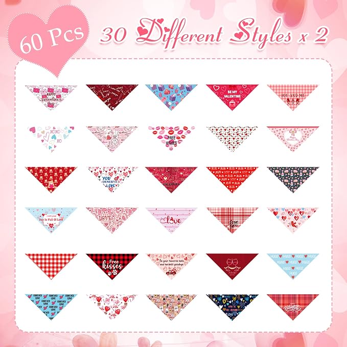Sanwuta 60 Pcs Valentine's Day Dog Bandanas Bulk Heart Pet Bandanas Adjustable Dog Bibs Triangle Scarf Holiday Costume for Small Medium Pet (Heart Pattern)
