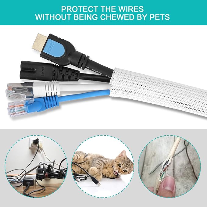 6.6ft - 1/2 inch White Cable Sleeve, Cable Organizer for Desk PC TV Computer, Wire Protector Cable Wrap Cover, Cord Management for Home Office | Cable Organizer for Desk PC TV Computer, Wire Protector Cable Wrap Cover, Cord Management, Home Office