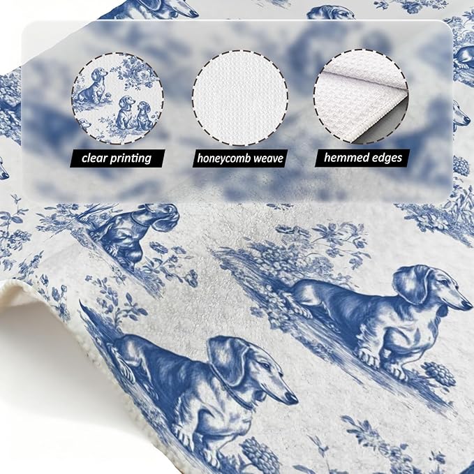 Long Haired Dachshund Kitchen Dish Towels,Blue and White Floral Dog Towel Dish Tea Towels, Chinoiserie Decor for Kitchen Bathroom,Weiner Gifts for Dog Lover Mom Dad,16x24 Inch