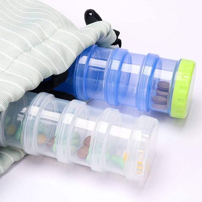 2 Pack 7 Day Pill Organizer Case Stackable Weekly Supplements Vitamins Pills Holder Dispenser Large Translucent Blue with Extra Lid