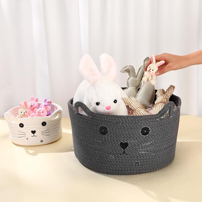 Zopeal Cat Storage Basket Woven Organizer with Ears Decorative Gift Cute Cotton Rope Pet Toy Basket for Gift Cat Dog Toy Bin Nursery Room(13.7 x 7.8 Inch,Dark Grey)