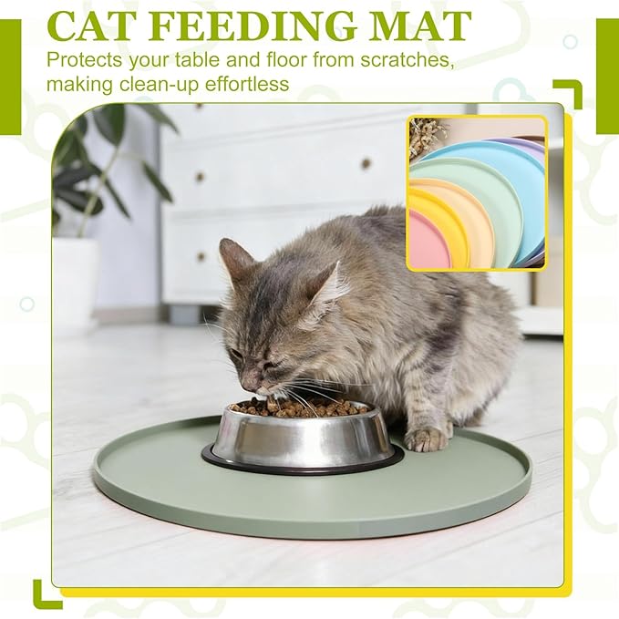 Cat Food Mat, 7x7 Inch Silicone Pet Feeding Mat Non-Slip Round Waterproof Dog Water Bowl Tray Raised Edge Protects Floors (4Pcs, Green), Intended for Pets Bowl/Fountain