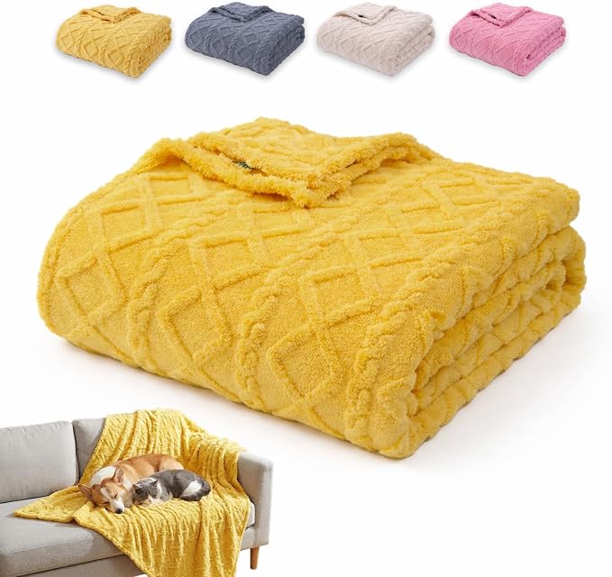 Emotional Support Blanket Yellow for Dogs, Soft Plush Polyester Dog Blanket with Cable Knit Pattern, Blanket for Couch, Bed, Crate, Car, Machine Washable (Yellow, 100 * 150cm/39.37 * 59.05in)