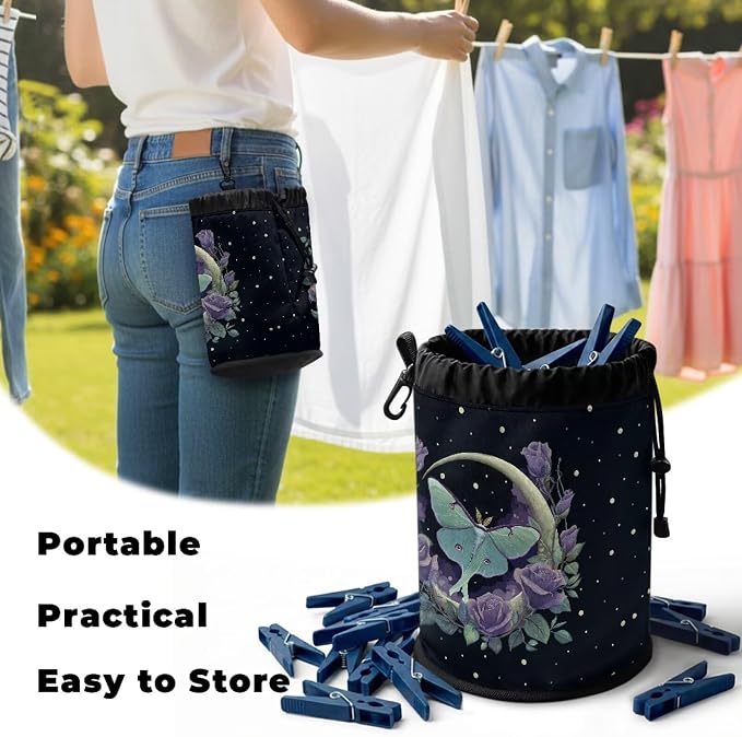 Clothespin Bag Holder Outside, Starry Night Moon Rose Multiple Hanging Methods Clothes Pin Bag with Drawstring Closure, Ventilation Clothespin Storage Organizer with Hooks