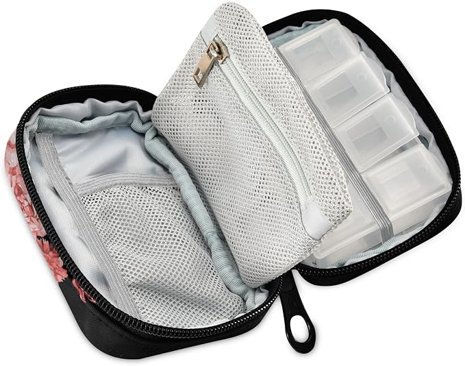 Watercolor Rose Skull Pill Box 7 Day Pill Case Travel Pill Organizer Bag with Zipper Portable Weekly Case Compact Size for Vitamin Supplement Holder