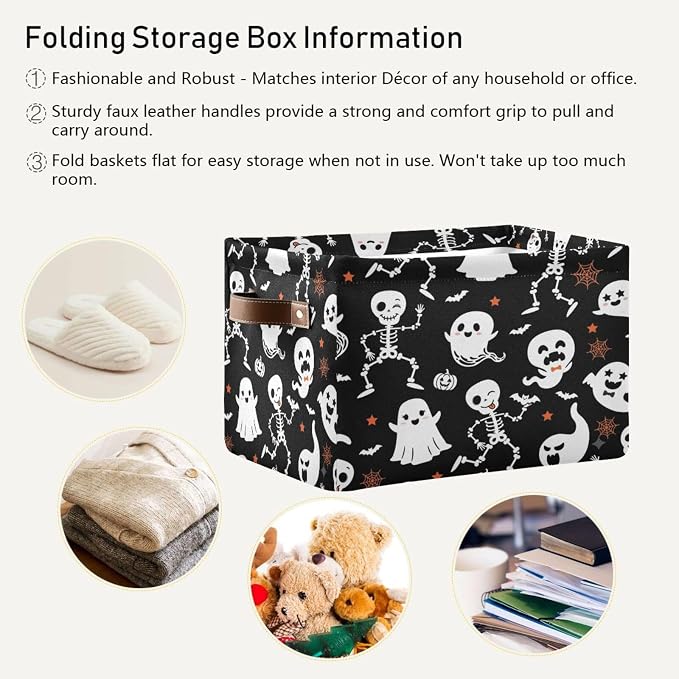 Kigai Storage Basket, Fabric Collapsible Closet Organizer Bin | Halloween Boo Waterproof Foldable Canvas Basket with Handles for Shelves, Nursery, Closet, Bedroom & Bathroom