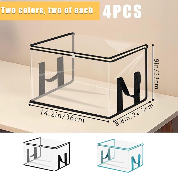 4 Pack Large Clear Storage Organizer Bags with Zipper, Reusable Clear Plastic Bins with Handle Organizer for Playroom Blocks Stuffed Animals Clothes Storage