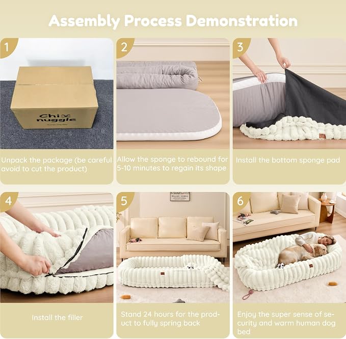 ChiXnuggle Orthopedic Human Dog Bed,Striped Faux Fur Washable Cover,Blanket | cream,72*40*10,giant dog bed for adult or extra large dogs,egg crate foam,non-slip bottom