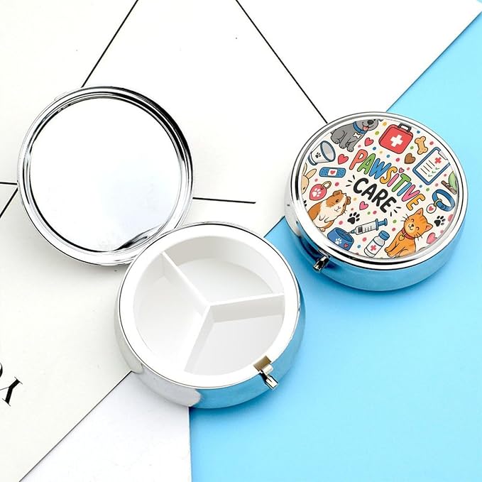 Pawsitive Care and Pet Love Round Pill Box with 3 Compartments, Portable Travel Pill Organizer with Spring Snap Closure for Vitamins Supplements Fish Oil