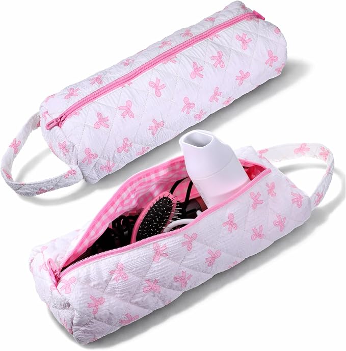 JJUNW 1 Pc Hair Tools Organizer Bag with Bow Pattern, Travel Bag Quilted Cosmetics Toiletry Organizer, Portable Pink Haircare Accessories for Curling Irons, Flat Irons, Hair Dryers Tools(Type 2)