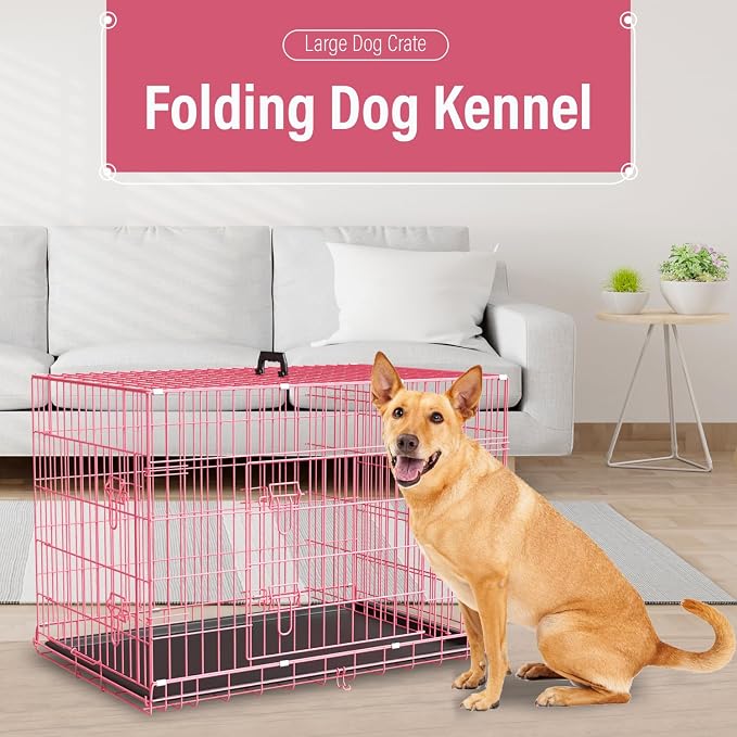 Large Dog Crate Kennel Metal Dog Cage for Medium Large Dogs Double-Door Folding Travel Indoor Outdoor Puppy Playpen with Divider and Handle Plastic Tray,42",Pink