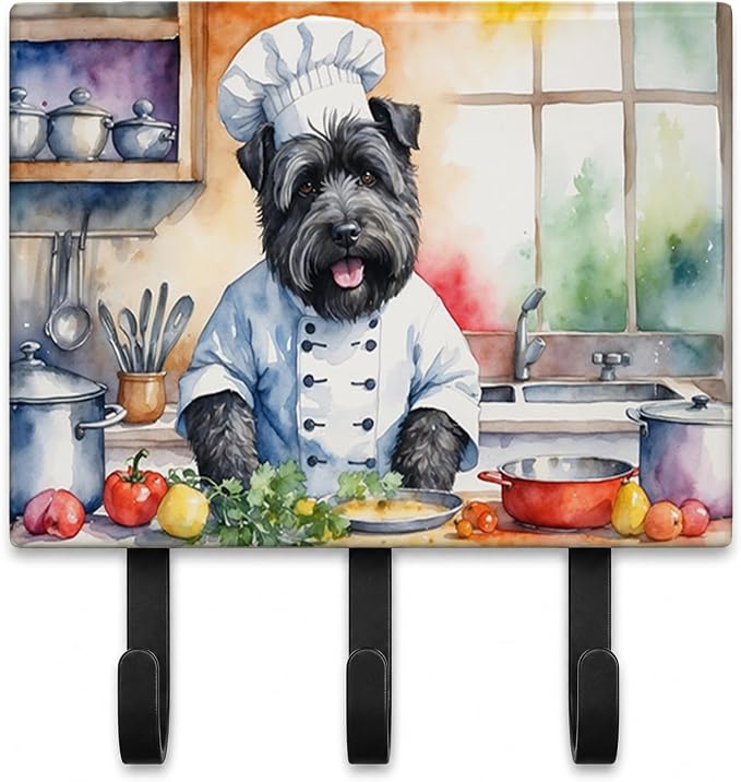 Caroline's Treasures Bouvier des Flandres The Chef Leash or Key Holder Wall Hooks, Key Hooks Holder, Coat Rack Wall Mount, Coat Hooks, Hooks for Hanging Keys, Towels, Aprons, Leashes | Bouvier des Flandres The Chef artwork on ceramic tile with three st...