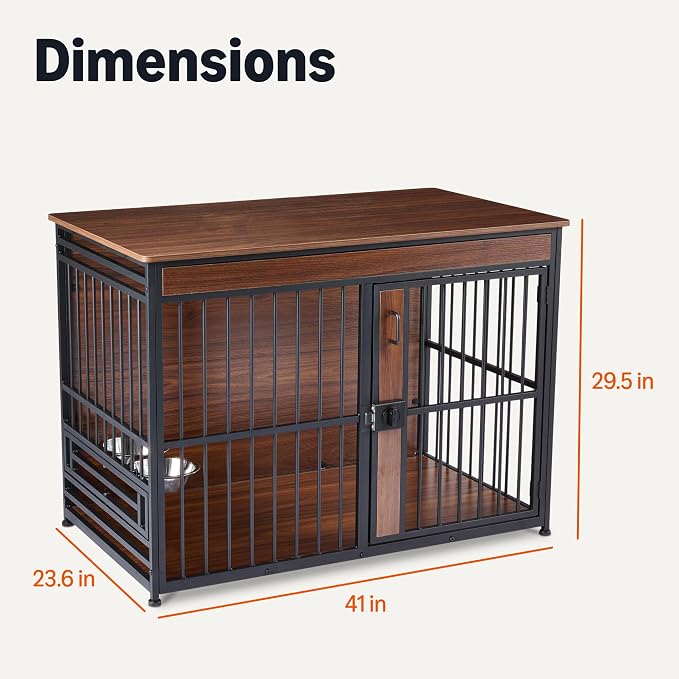Amazon Basics Furniture Style Dog Crate, Sturdy Wooden Pet Kennel, Two Bowls Included, 41" x 23.6" x 29.5", Walnut