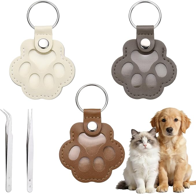 Dog Fur Storage Keychain, Pet Fur Keepsake Keyrings, Paw Shaped, Pet Hair Keepsake Keychains with Tweezers