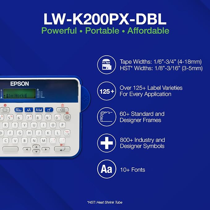 LABELWORKS Epson LW-K200PX-DBL Simple Labeler Bundle - QWERTY Label Makers and Black on Clear Matte Label Tape