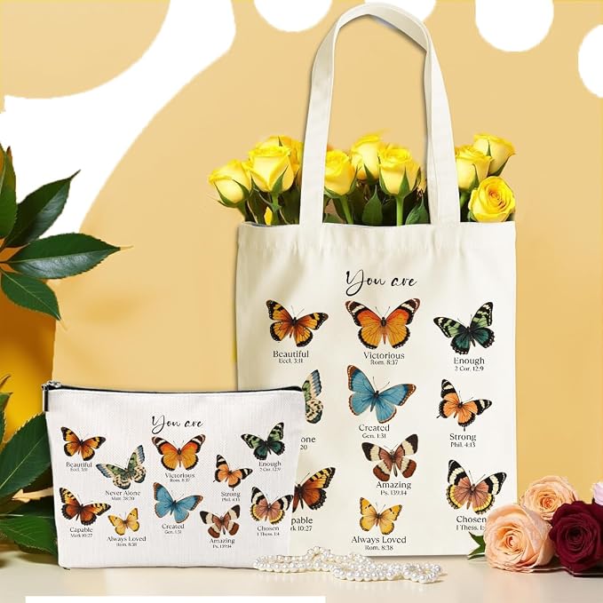 Inspirational Butterfly Gifts Christian Gifts for Women Girls Bestie Sister Religious Makeup Bag Canvas Tote Bag Reusable Grocery Bags with Inner Pocket for Beach Shopping Birthday Friendship