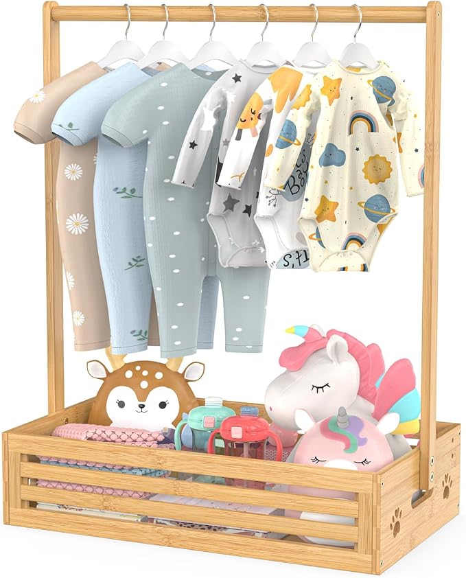 BAMBOOHOMIE Baby Clothing Rack for Toddler, Pets Clothes Rack with Storage Box & Adjustable Hanging Rod for Dogs/Cats, Baby Shower Clothes Closet Rack with Handle for Nursery Room (Natural, Baby)