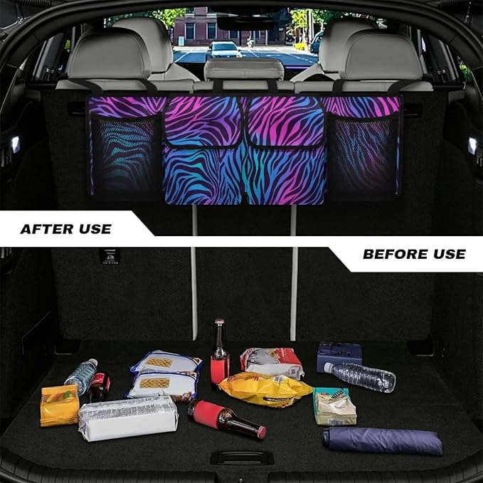 Dreaweet Purple and Blue Zebra Print Car Trunk Organizer for Sedan Collapsible Backseat Trunk Organizer Large Capacity Storage Bag with 4 Pocket,Car Organizers and Storage Trunk for SUV Truck Van