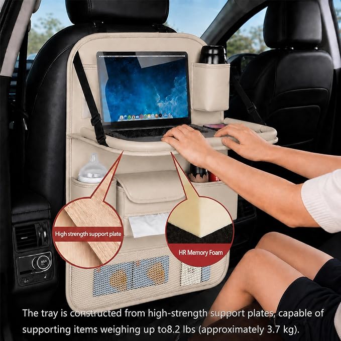 2 Pack Universal Foldable Car Backseat Organizer with Table Tray, Car Seat Back Protector with Touch Screen Phone Holder, Premium Leather Kick Mats with Storage Pockets Tissue Holder (Beige)