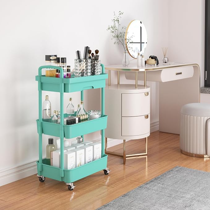 Calmootey 3-Tier Utility Cart with Drawer & Wheels, Storage for Home,Office | Space-Saving Organizer, Sturdy Plastic Shelves, Smooth-Rolling Metal Wheels, Built-in Drawer for Small Items, Green
