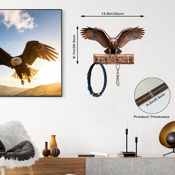 Goodangie00 Wooden Wall Art Decor with 4 Rustic Hooks, Eagle Treasure Chest Design Key Holder Wall Mount Hanger for Bag, Towel, Backpack, Clothes, Collars, Leashes, Bathroom, Kitchen