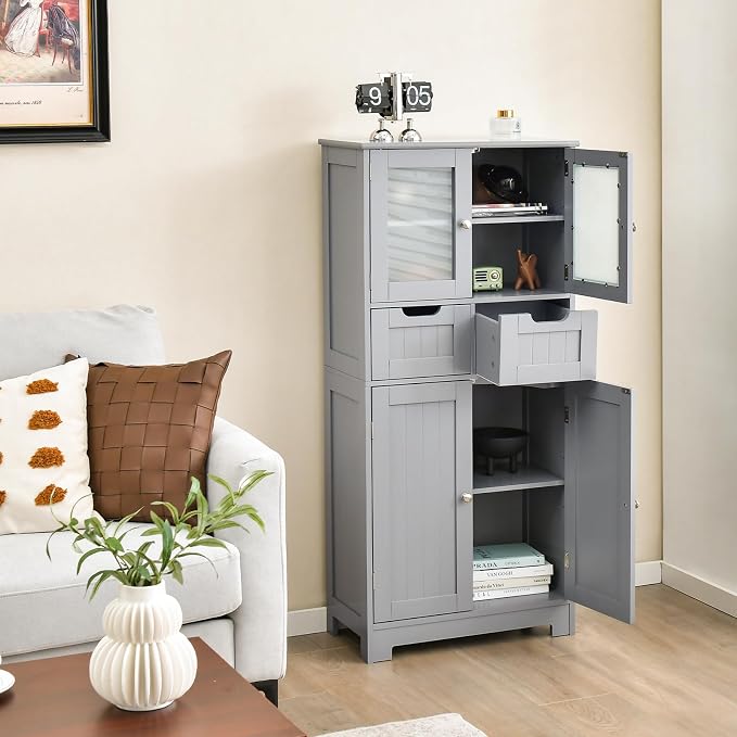 LOKO Bathroom Cabinet, Linen Storage Organizer with Doors & Drawers, Wooden Floor Cabinet with Adjustable Shelves for Bathroom, Living Room or Kitchen (Grey)