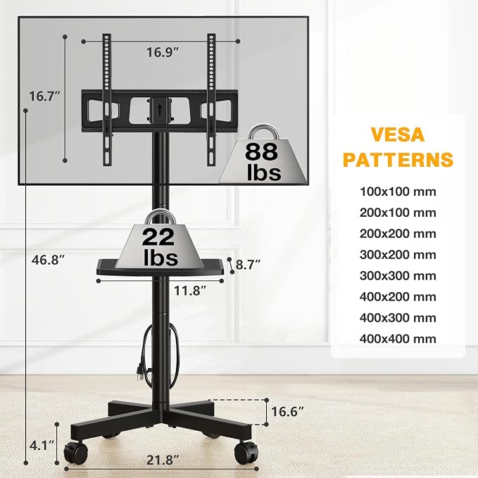 Mobile TV Stand with Power Outlet for 23-65 Inch TVs up to 88 lbs | Tilt Rolling TV Cart with Height Adjustment & Locking Wheels, Portable TV Stand for Bedroom, Office, Max VESA 400x400mm