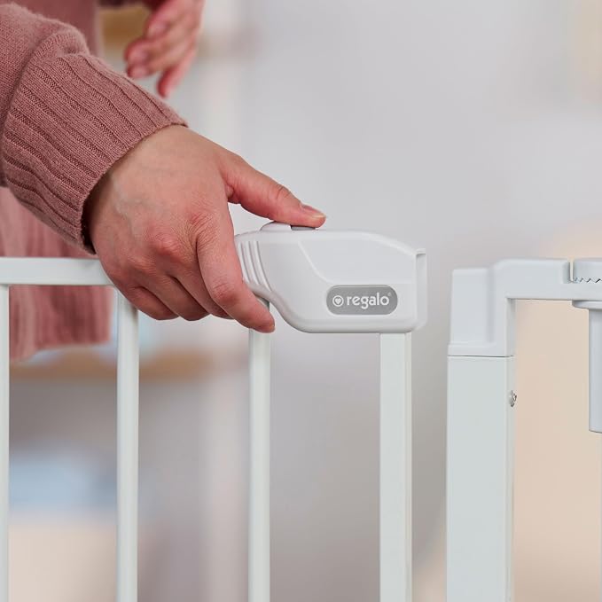 Regalo Safety 28"-76" Super Wide Configurable Baby Gate | Hardware Mounted, For Doorways & Open Spaces, For Babies, Toddlers & Pets, White, Tested & Trusted for 30 Years