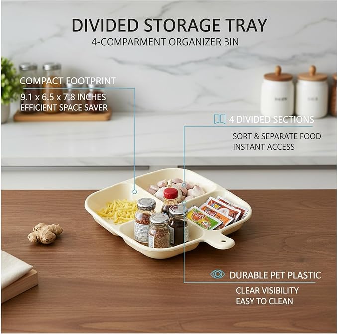 4-Compartment PET Storage Bin, Clear Divided Organizer Tray for Home & Office Sorting