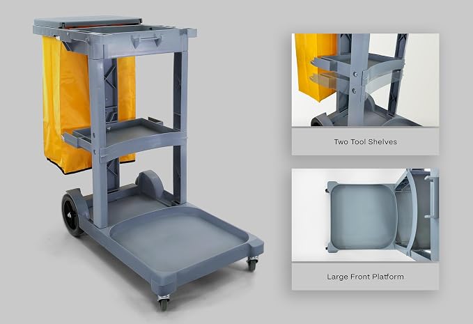 Commercial Janitorial Cart | 3 Shelves | 25 Gallon Vinyl Bag | Adjustable Shelf | 500 LBS Capacity
