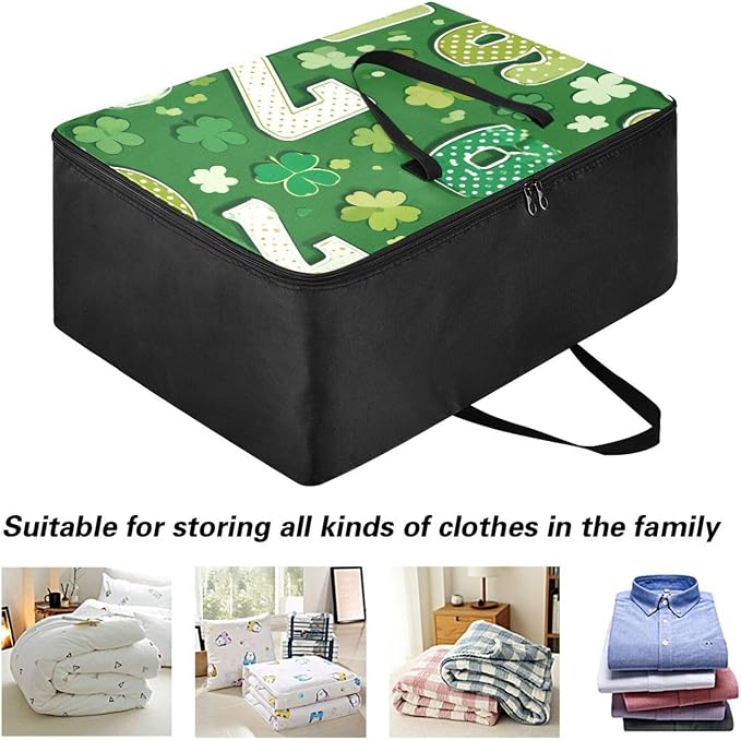 Comforter Storage Bags Large Folding Blanket Organizer Bag with Strong Handles Clear Window Closet Storage Containers for Clothes King Queen Pillows Bedding Quilt Duvet Dark Green Clovers 67