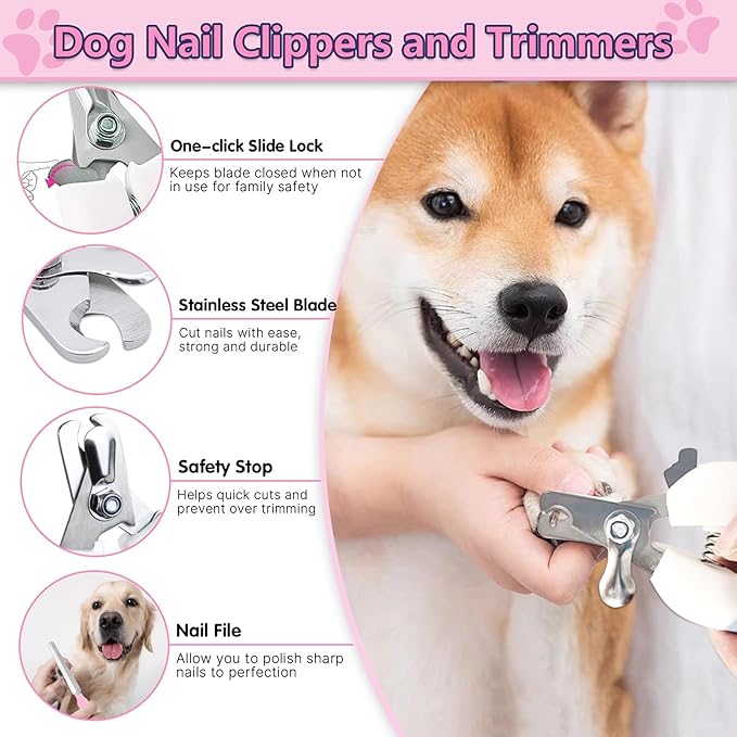 Dog Brush Dog Grooming Kit 7PCS Dogs Brush for Shedding-Dogs Brushes for Grooming, Dematting Comb, Cat Nail Clipper with Nail File, Flea Comb, Pet Comb, Bath Brush-Pink