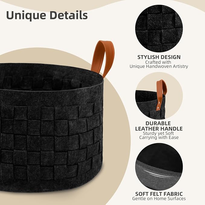 boldmonkey Laundry Basket 20 " x20 x11.8 , Large Round Blanket Basket with Leather Handle, Felt Storage Basket for Living Room, Nursery, Dog Toys-Dark Gray
