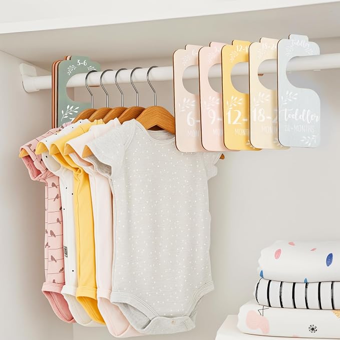 Giftacity 8-Piece Baby Closet Dividers for Clothes Size Hanger Organizer | Colorful Wooden Double-Sided, from Newborn to 24 Months for Baby Room Decor, Nursery Furniture Essentials, Baby Shower Gifts