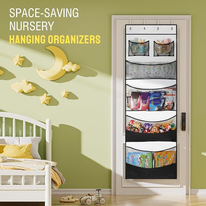Yecaye Stuffed Animal Storage, Hanging Organizer for Stuffed Animals with 6 Expandable Mesh Net Pockets, Stuffed Animal Hammock, Over the Door Organizer, Black